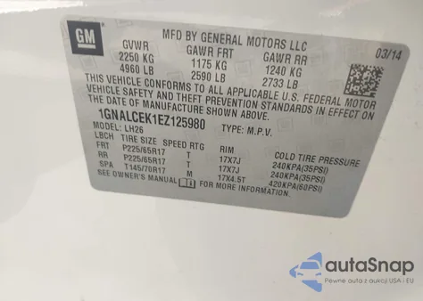 2014 Chevrolet Equinox 2Lt z USA, uszkodzony, nr VIN 1GNALCEK1EZ125980